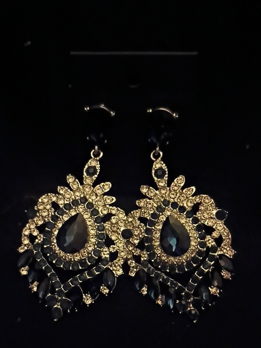 Gold Filigree Teardrop Earrings with Black Stones - Women Jewelry
